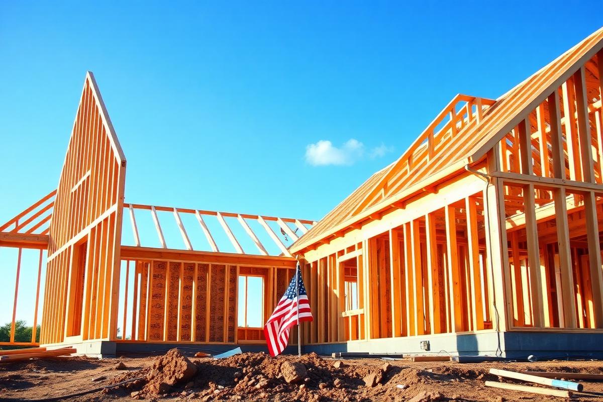New home construction with American flag